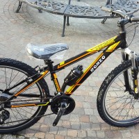 Mtb in alluminio, molto leggera e scorrevole, con cambio due dita 21 velocità, forcella ammortizzata molto leggera, ruote da 26". Disponibile in varie colorazioni e grafiche. Misure dalla 36 alla 52.