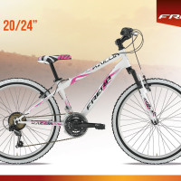 Mtb in acciaio leggero, molto scorrevole, forcella ammortizzata, 18 velocità, disponibile in due colorazioni. Con ruote da 24" e da 20"