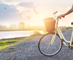 woman standing with vintage bicycle, relaxing in summer sunset nature rural with flying birds