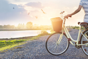 woman standing with vintage bicycle, relaxing in summer sunset nature rural with flying birds