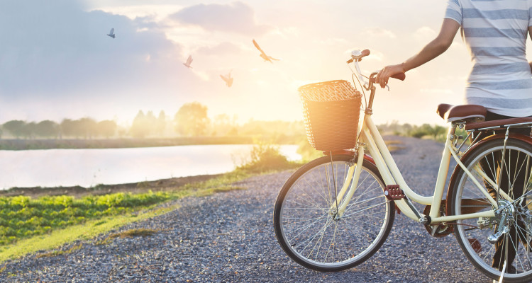 woman standing with vintage bicycle, relaxing in summer sunset nature rural with flying birds